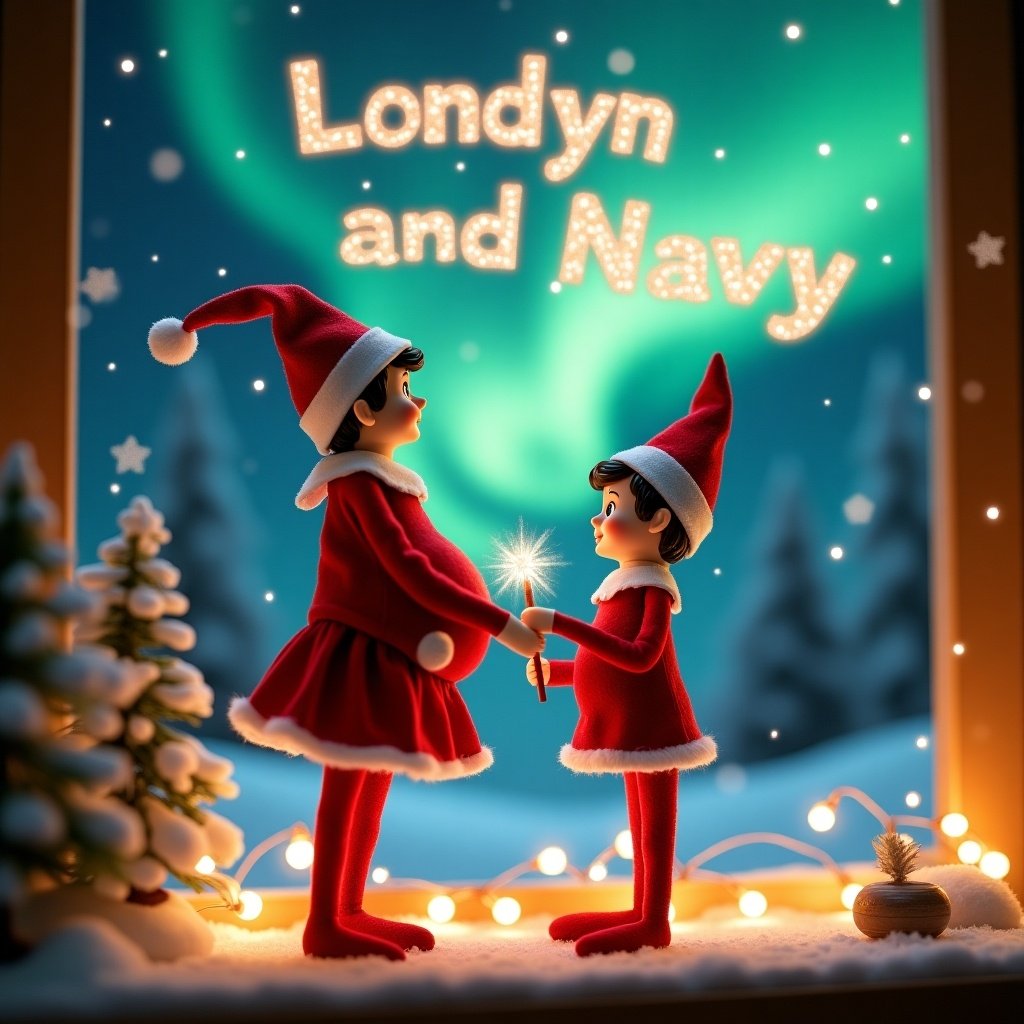 Enchanting Christmas scene with red elf in skirt and pregnant belly. Elf faces the sky with her back to the viewer. Brother elf smiles next to her. Elf writes 'Londyn and Navy' in glowing script. Vibrant northern lights backdrop create a magical ambiance. Scene conveys festive Christmas spirit with a whimsical twist.