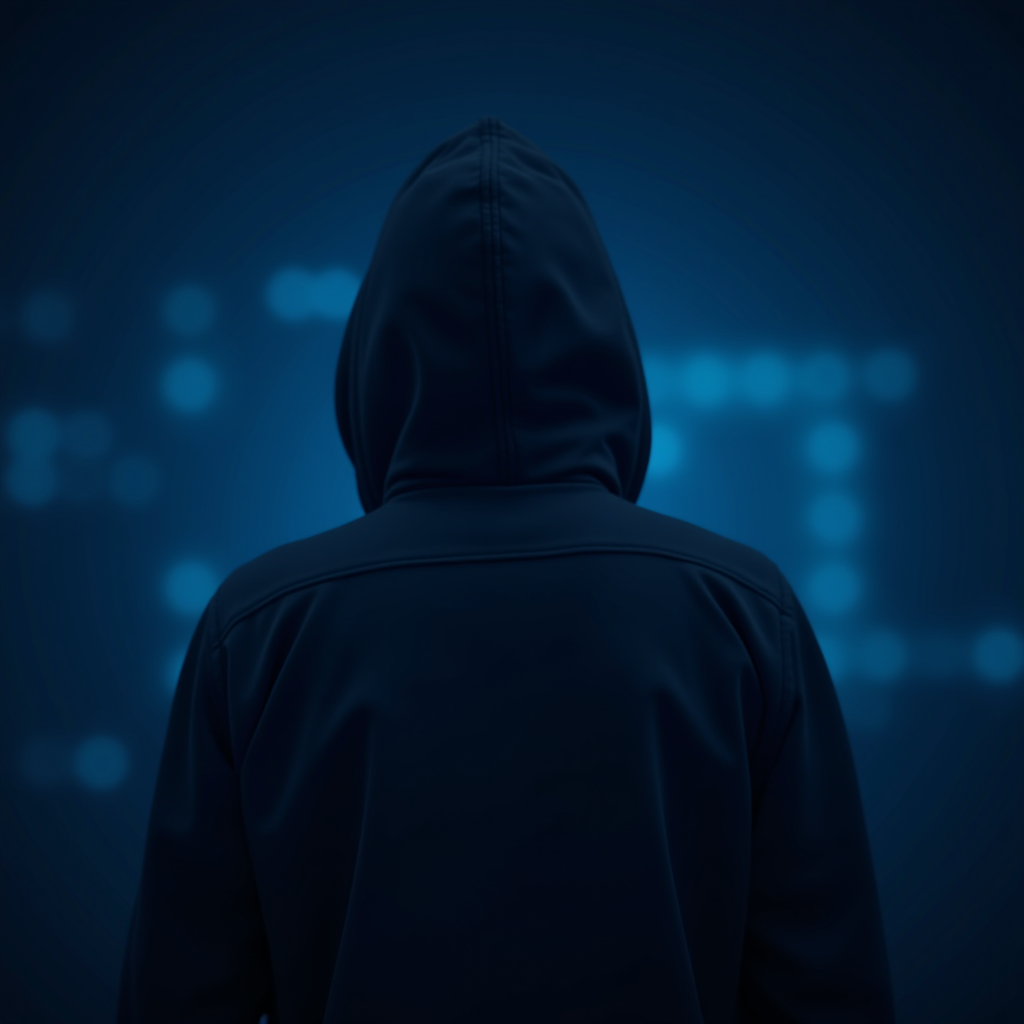 The image depicts a person wearing a dark hoodie, viewed from the back, standing in a dimly lit environment. The background features an array of out-of-focus blue lights, giving the impression of a digital or cyber setting. The scene conveys a sense of mystery, suggesting themes of hacking or anonymity.