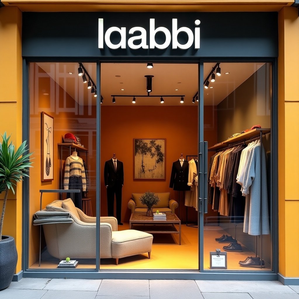 A modern boutique storefront with the name 'laabbi' designed for men and women. The exterior features a warm orange wall, large glass windows, and stylish clothing displays. Inside, there are clothing racks with various garments and a cozy seating area.