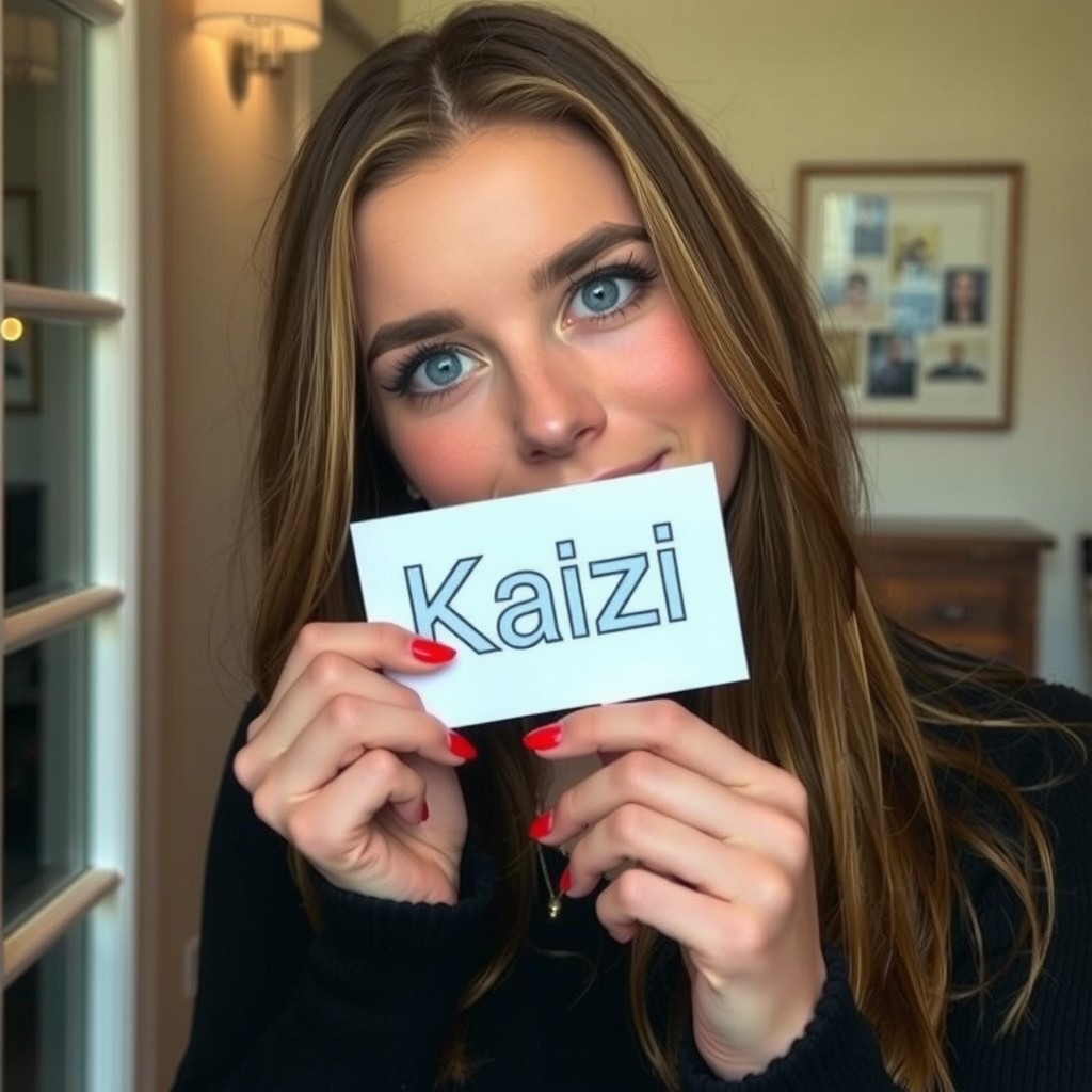 A woman holding a card with the name 'Kaizi' written on it, with a curious and inviting expression.