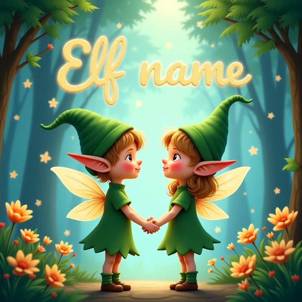 Illustration of two elf children in a magical forest. They hold hands and gaze at each other joyfully. Outfits are green with pointy hats and wings. The phrase 'Elf name' is above them in sparkling letters. Surrounded by flowers and soft light.