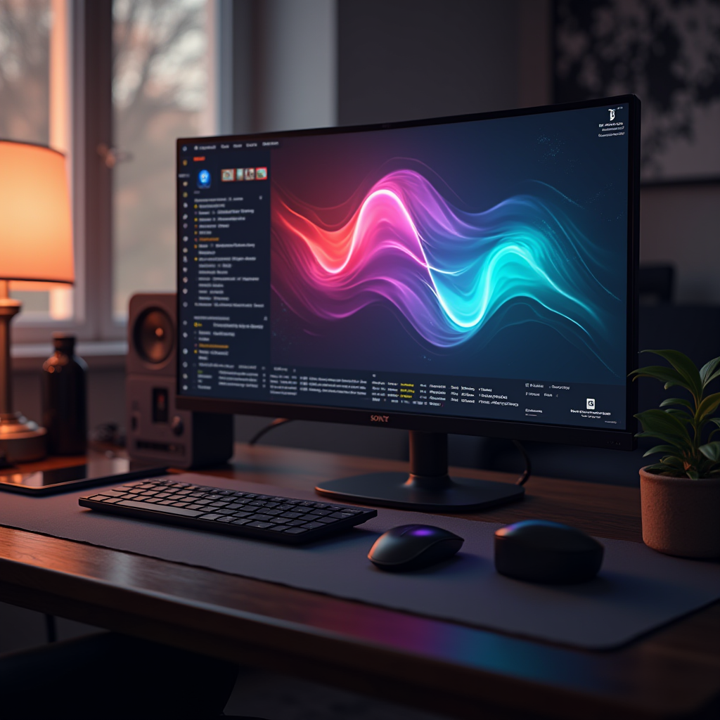 The image depicts a modern and sleek computer setup within a cozy, dimly lit room. Central to the scene is a wide-screen monitor displaying vibrant, multicolored waveforms reminiscent of neon lights against a dark background. These waves flow from purple and pink on the left to blue and turquoise on the right, creating a dynamic and artistic visual.

In front of the monitor, there's a minimalist keyboard and a wireless mouse resting on a smooth, dark mat. The desk also houses a small potted plant, adding a touch of greenery to the setup. To the left of the computer, a warm-lit table lamp casts a gentle glow across the workspace, contributing to the overall atmospheric lighting.

The setting is completed with a window showing blurry trees outside, suggesting the time could be either early morning or late afternoon. This image captures the essence of a modern, tech-savvy workspace with a relaxed and creative ambiance.