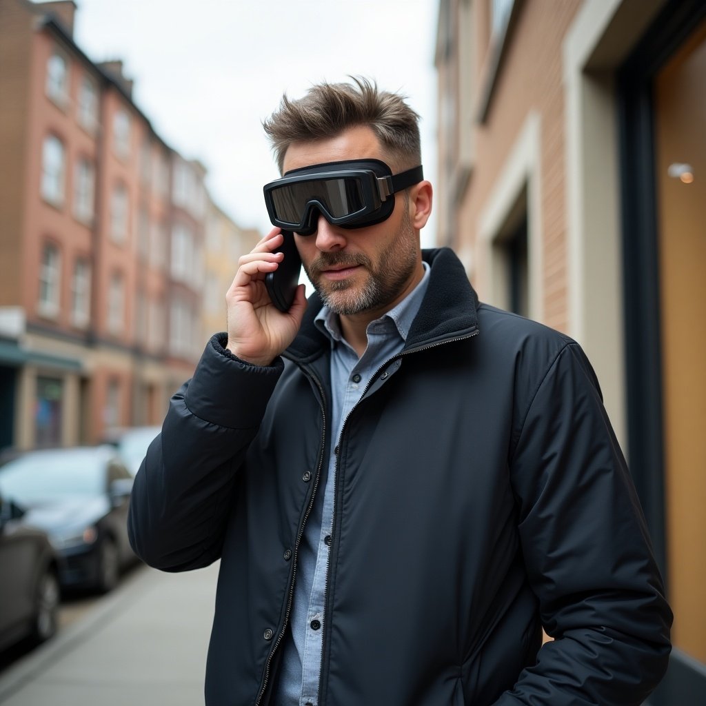 A man standing while talking on a call. He is wearing glasses and standing outside a house. The setting is urban and features buildings in the background. The man appears engaged in conversation.