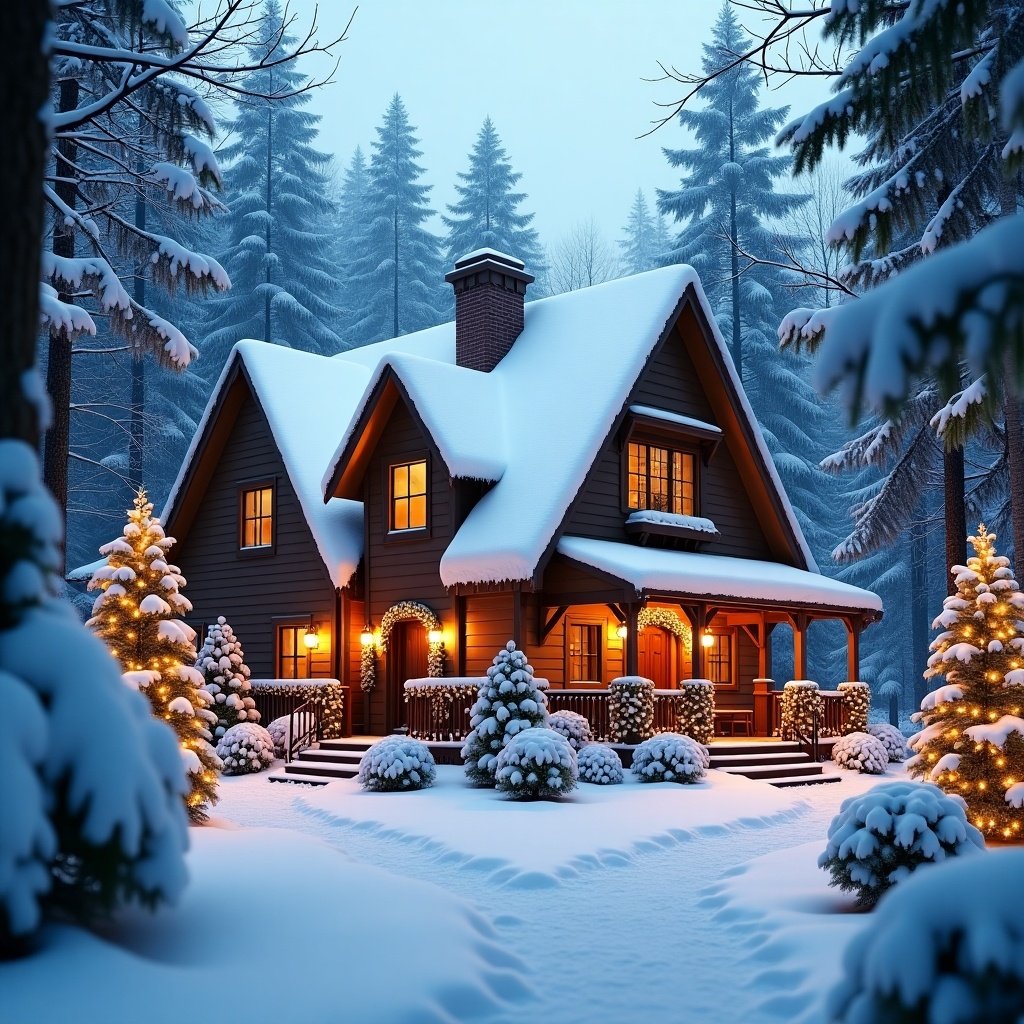 Cozy snow-covered house in winter forest. House adorned with warm glowing lights and festive decorations. House has charming balcony, chimney, well-lit porch. Snow-covered trees surround house. Small decorated trees and bushes enhance festive ambiance.