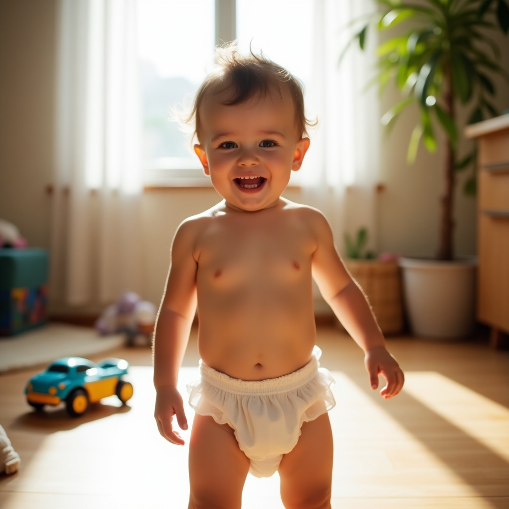 A smiling toddler boy stands at home in bright sunlight. The boy wears a full diaper. Toys are scattered around. The setting is warm and welcoming, reflecting early childhood innocence and joy of being at home.