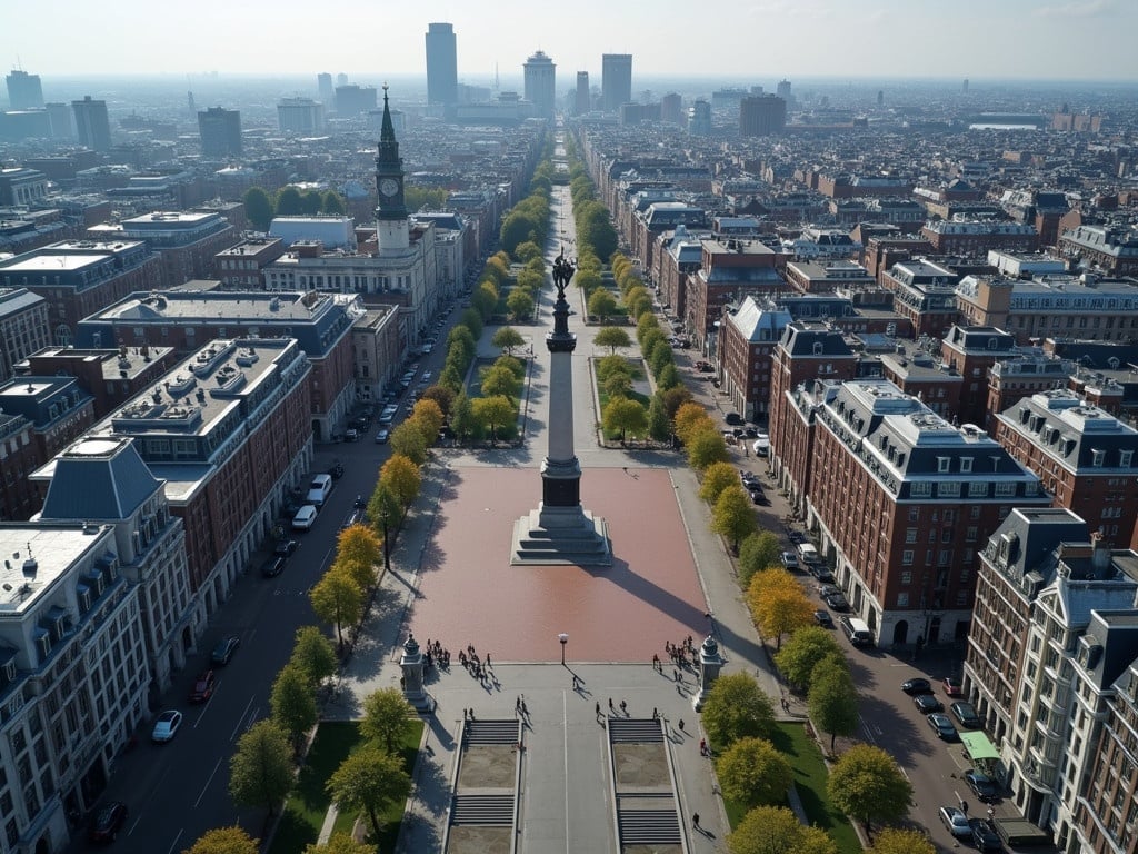 Aerial view of Dam Square in downtown Amsterdam. Highlight the urban landscape and historical architecture. Show the monument at the center with surrounding trees and buildings in 4K quality.