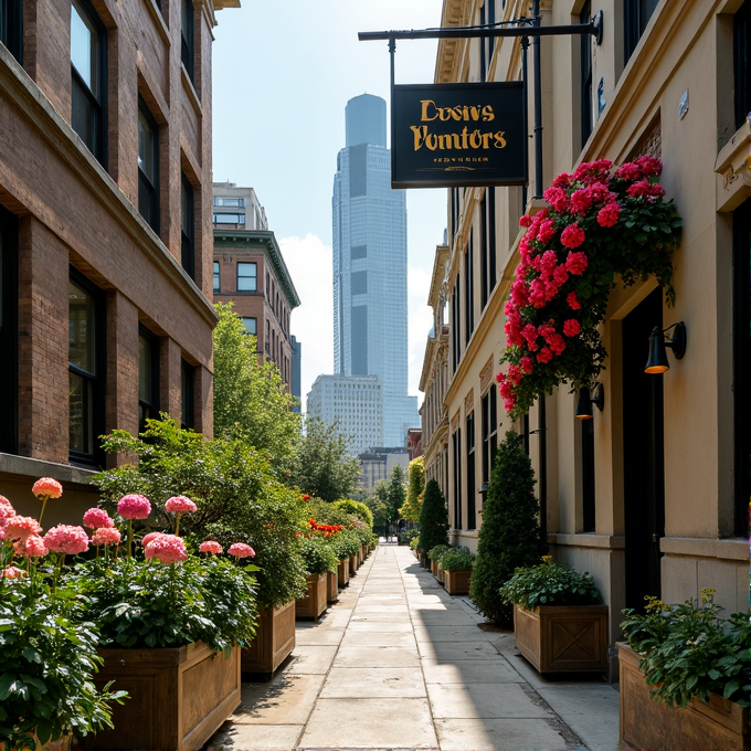 A narrow, plant-lined alley with vibrant flowers leads to a modern skyscraper under a clear blue sky.