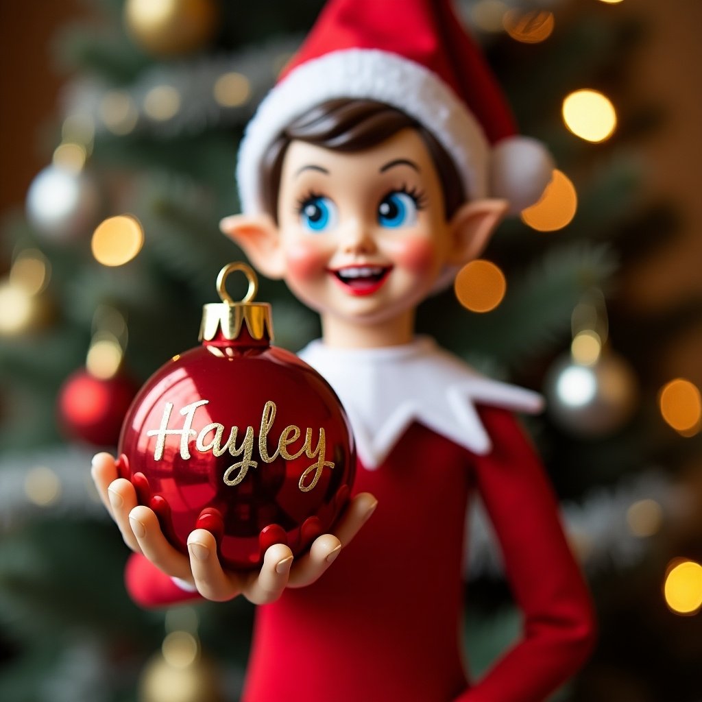 Image features a Christmas elf in red and white clothing. The elf holds a red ornament with gold lettering. Background includes a decorated Christmas tree. Soft glow enhances the festive mood.