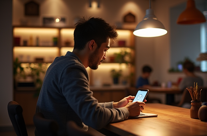 A person in a cozy room looks intently at a smartphone under warm lighting at a wooden table.