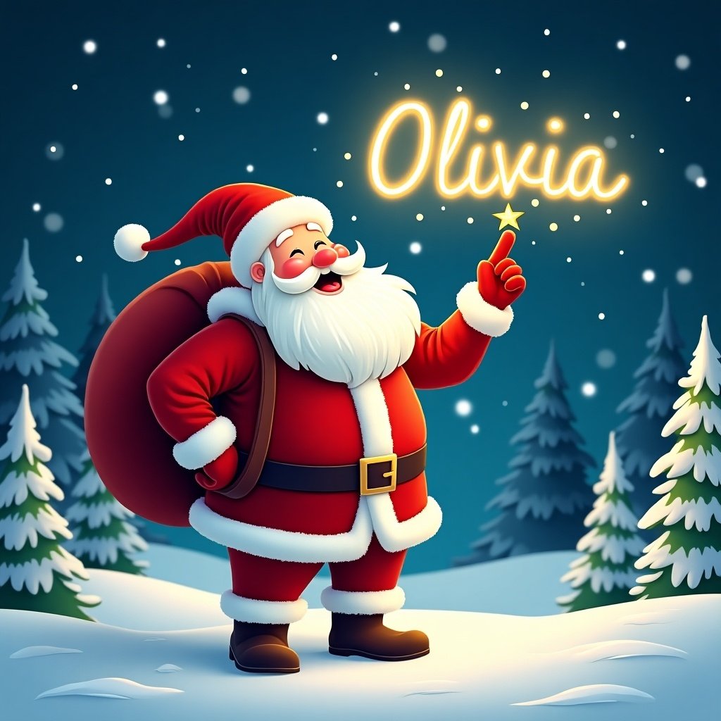 A joyful Santa Claus stands in a snowy landscape. He has a red sack on his shoulder and a sparkly wand in his hand. Santa wears a traditional red outfit with a belt and boots. The snowy ground has pine trees. Night sky twinkles with stars. He points upward as if writing 'Olivia' in the sky with a glowing name. Snowflakes fall around him.