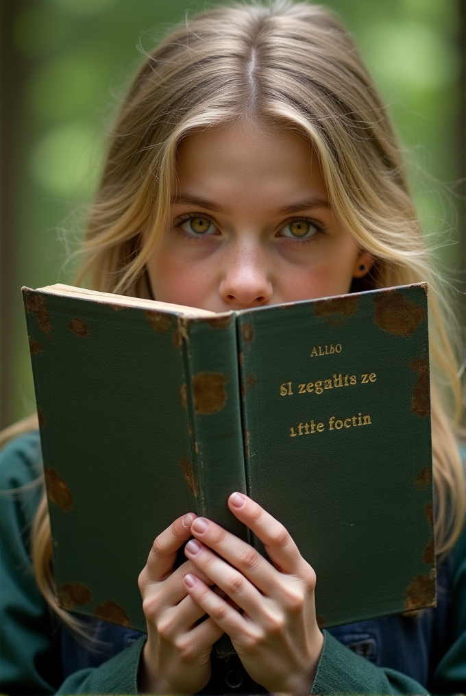 A young woman with blonde hair peers over an old green book, her eyes intently focused, set against a blurred green background.