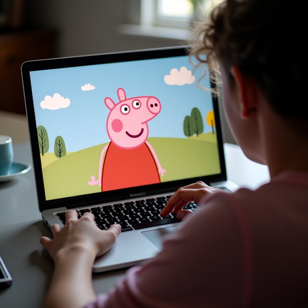 A person interacts with an animated pig character on a laptop screen. The character is visually appealing and colorful. The setting is comfortable and bright, suggesting a relaxed environment.