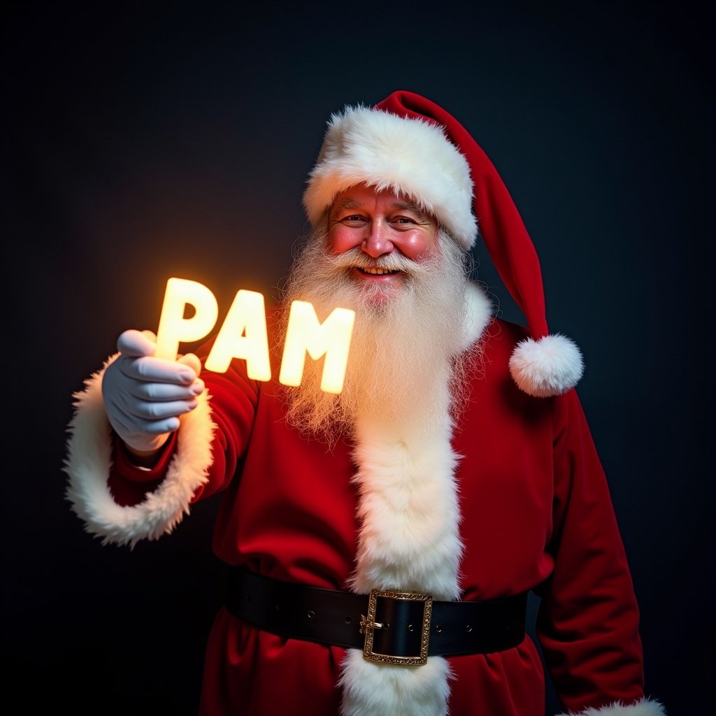 Santa Claus wears a traditional red and white suit. Santa holds a glowing stick displaying the name PAM. He has a jolly expression. Dark background enhances the glow. Image represents Christmas magic and joy.