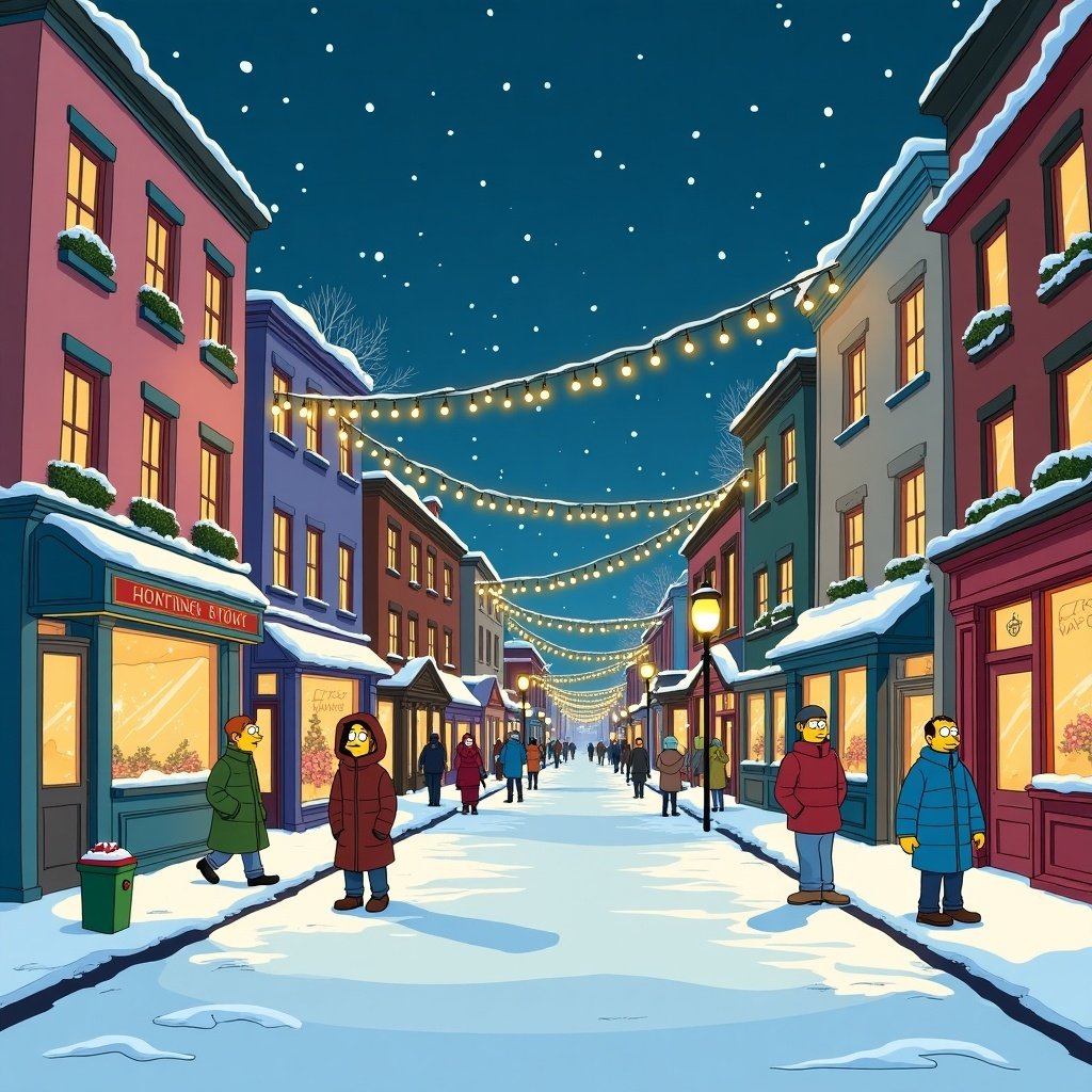 Cartoon street scene during winter at night with colorful buildings and streetlights. Snow covers the ground and rooftops with decorations. People walk along the street enjoying the festive atmosphere.