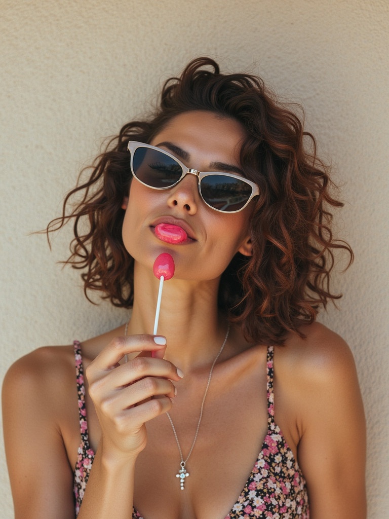 A woman enjoys a lollipop. She wears sunglasses. She poses against a textured wall. Her expression is playful and confident.