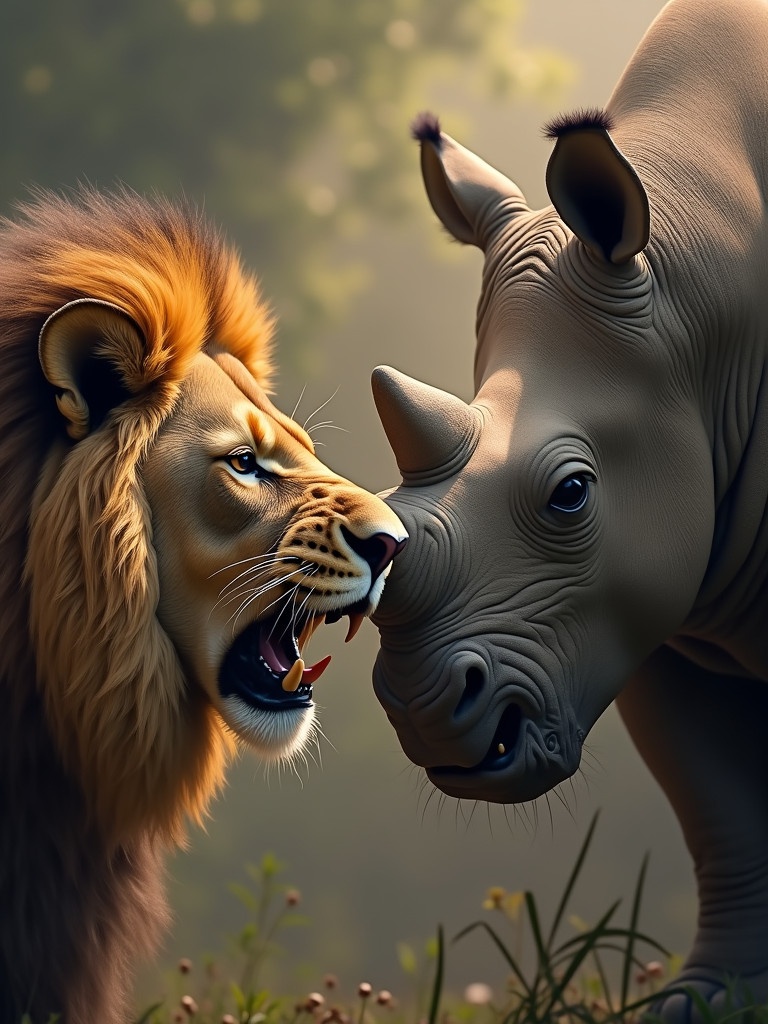 Create an image of a lion and a rhino facing each other with angry expressions. The background should enhance their fierce demeanor. Focus on the intense interaction and emotional display of both animals.