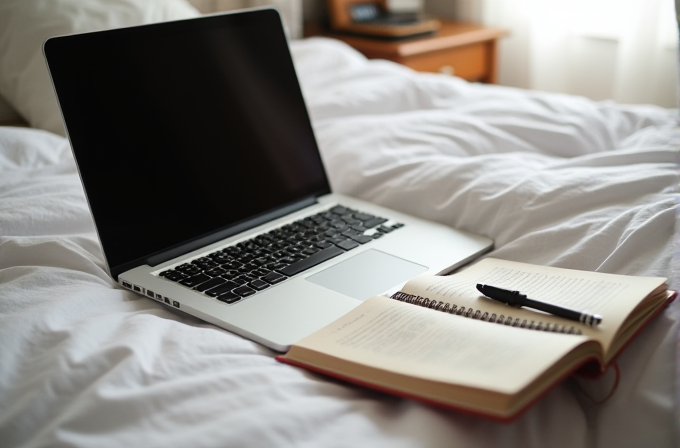 A laptop and an open notebook with a pen are placed on a white bed.