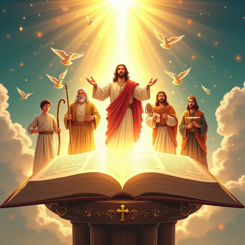 Anime-style open Bible on a pedestal radiating golden light. Figures of David, Daniel, Samson, Moses, Esther, Noah, and Jesus emerging from the pages. Celestial background with angels and doves. Low-angle shot capturing grandeur.