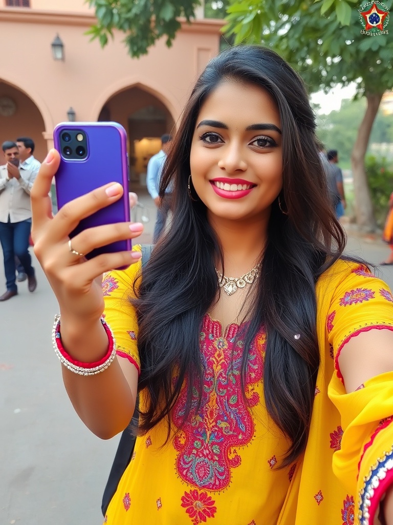 A woman in a colorful traditional outfit takes a cheerful selfie outdoors.