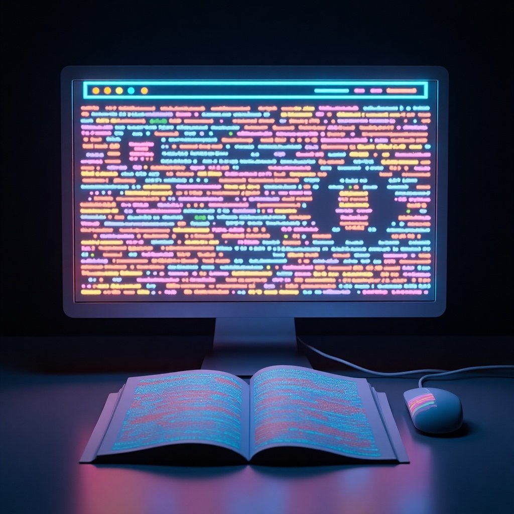 Colorful lines of code are displayed on a computer screen. An open book is placed underneath the screen. The colors from the screen illuminate the surroundings.