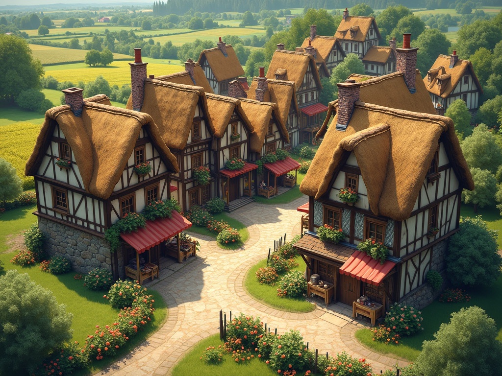 Depicts an isometric view of a charming medieval town center. Two-story half-timbered houses feature thatched roofs. Ground floors have bustling artisan shops. Outskirts show blacksmith and carpenter workshops. Scenery includes farms with lush fields. Spring season brings colorful flowers. Town blends into natural surroundings of meadows and forests.