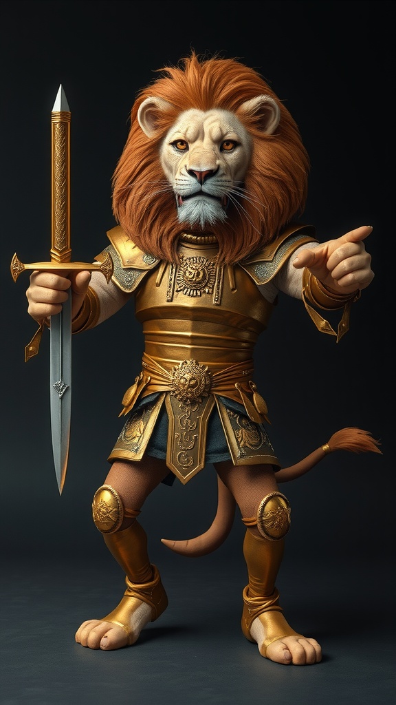 The image depicts a majestic anthropomorphic lion character, standing proudly while holding a sword. The lion is adorned in ornate golden armor, exuding a sense of power and nobility. The lighting highlights the rich textures of the lion's mane and the intricate details of the armor, creating a striking visual.