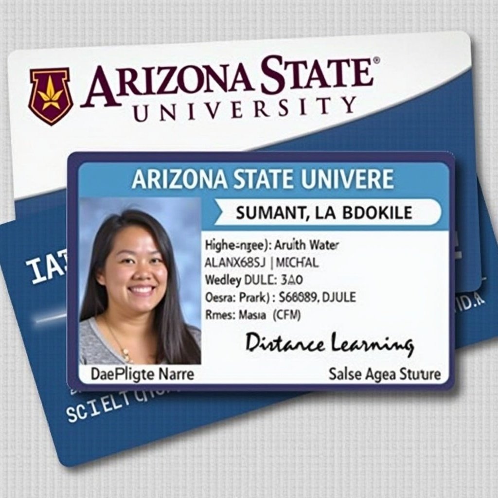 Image of an Arizona State University student ID card. University logo is at top left. Student ID number and expiration date are featured. Designation of Distance Learning is included. Card background is blue and white. Student details are displayed prominently.