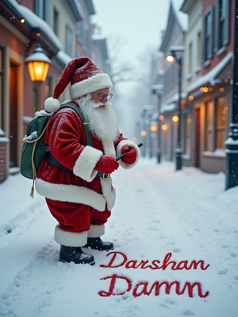 Santa Claus wearing red and white clothing is writing Darshan Dann in the snow. The background has snowy streets and charming buildings. The scene shows a soft winter light creating a cheerful holiday atmosphere.