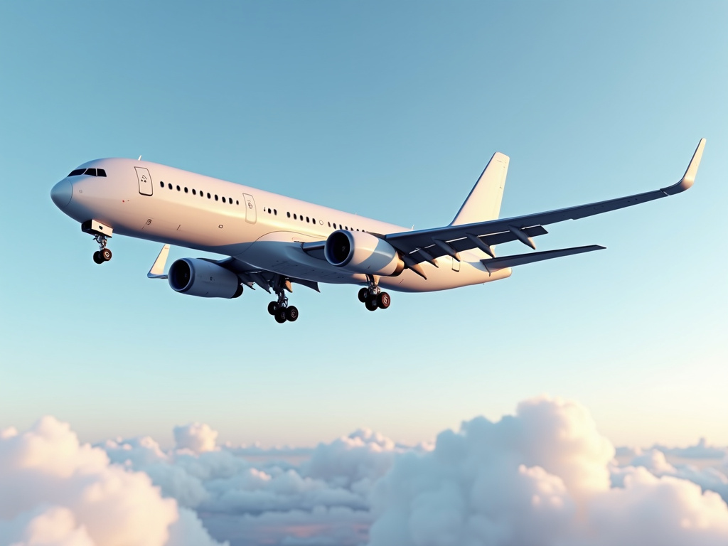 A sleek, modern airplane flying above fluffy white clouds during a serene sunset.