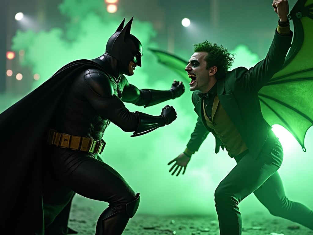 In a dramatic nighttime scene, Batman confronts the Joker in an alley filled with green smoke. Batman is dressed in a sleek, all-black metal suit resembling a knight, showcasing his formidable armor. The Joker, with a sinister smile, has been transformed into a green fire-breathing dragon, his suit reflecting his chaotic nature. Their expressions convey fury and madness, capturing the essence of their rivalry. The atmosphere is charged with tension, enhanced by the eerie green light that envelops them, highlighting the clash between good and evil.