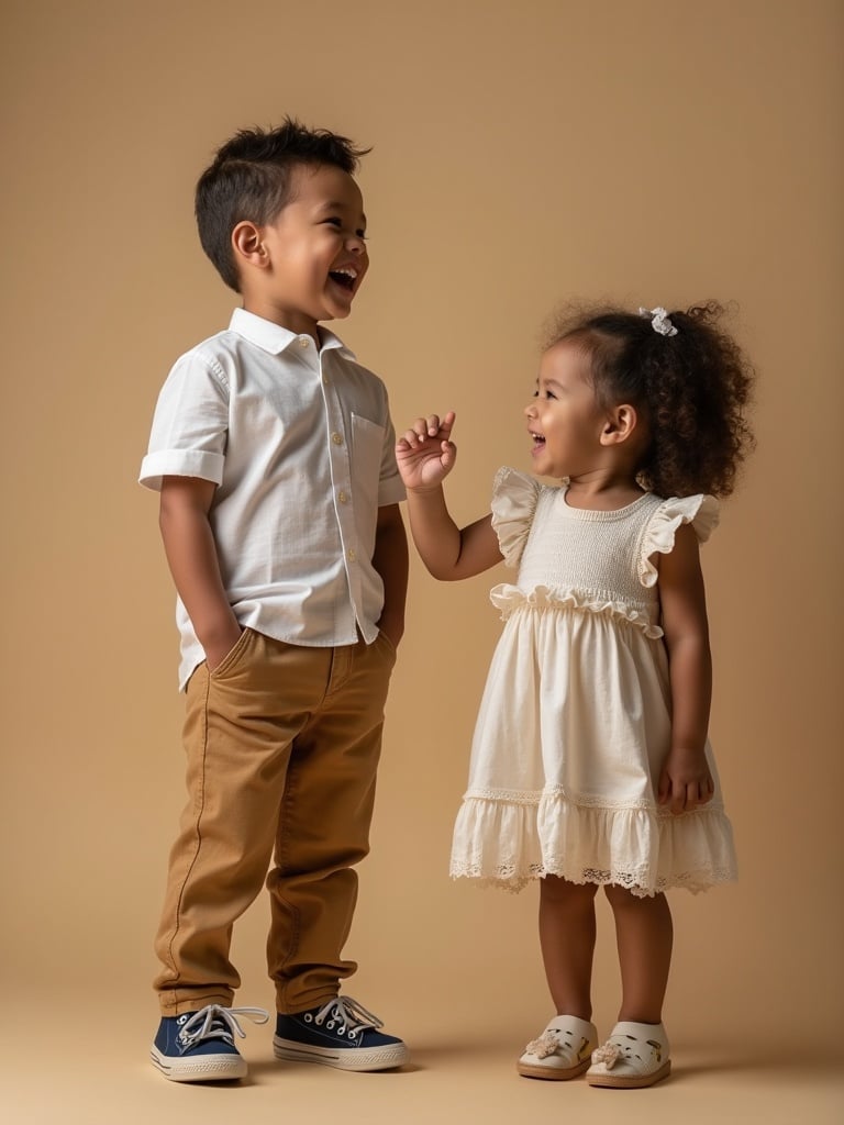 A boy and a girl standing together. The boy wears a white shirt and brown pants. The girl wears a light-colored dress. They are in a warm setting. There is a sense of playfulness between them.