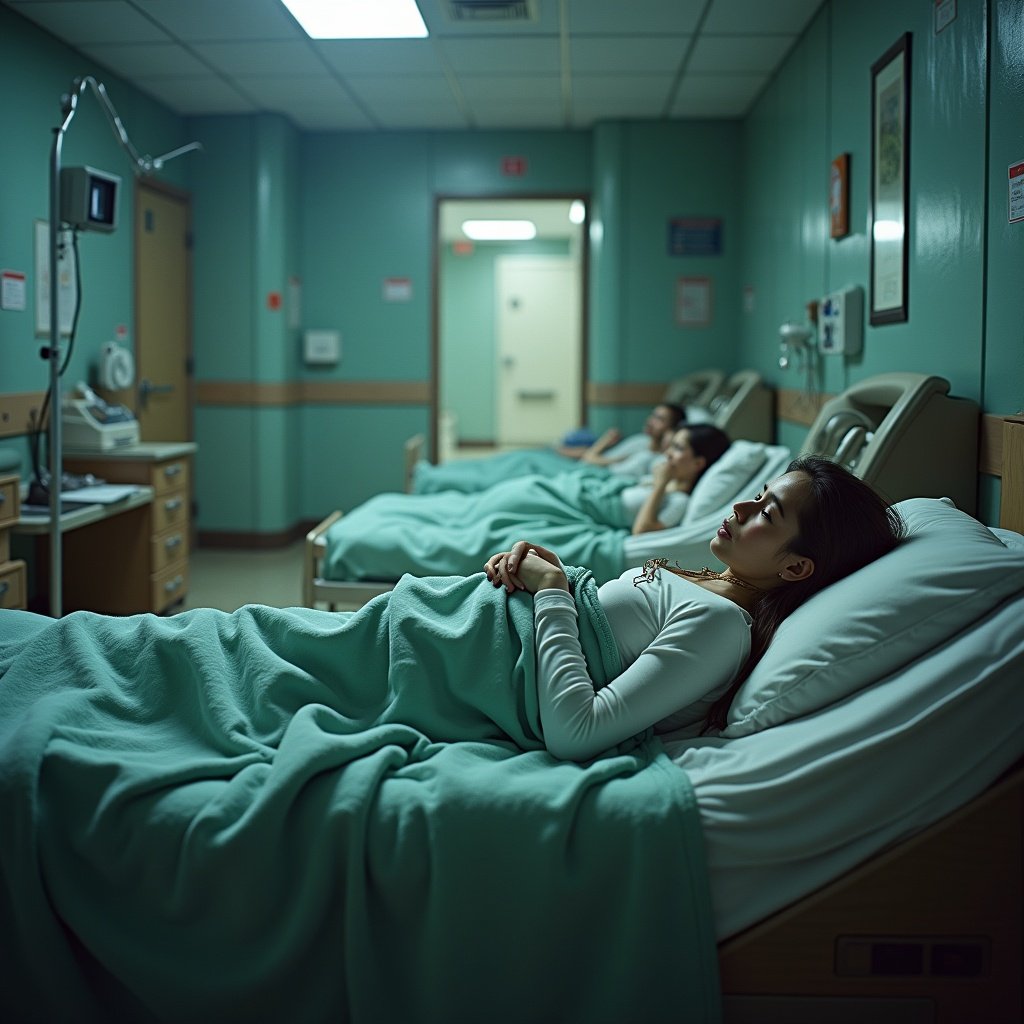 Elf figurine lying in hospital beds with blankets. Setting in a hospital room with multiple beds and soothing colors. Atmosphere is serene and cozy.