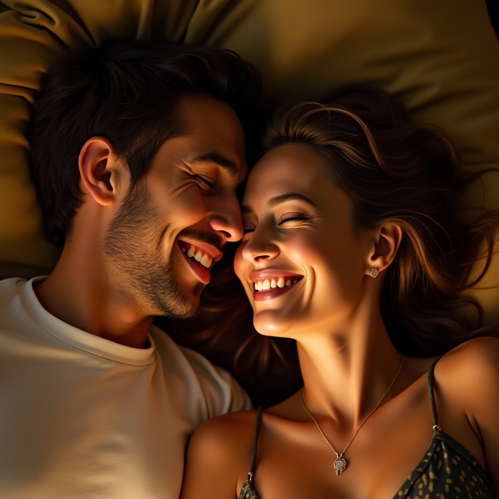 A joyful couple shares smiles in close proximity under soft lighting on a bed