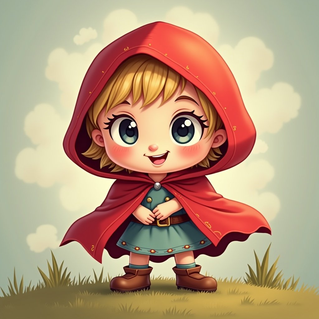 Cutesy child in a red hooded cloak standing on grass with a simple background.