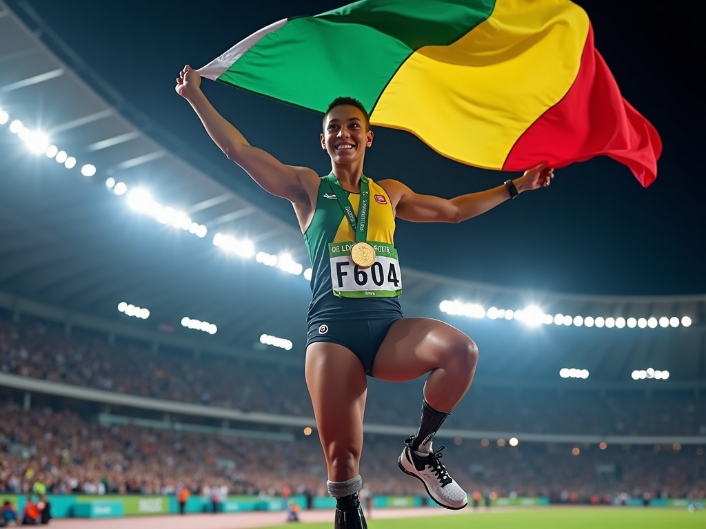 A triumphant Paralympic athlete celebrating a significant victory. The athlete is joyful and proud, holding a vibrant national flag with colors of green, yellow, and black. They are wearing a gold medal, showcasing their achievement. Their determination and spirit shine brightly in front of an excited crowd. This moment captures the essence of perseverance and success in sports for individuals with disabilities.