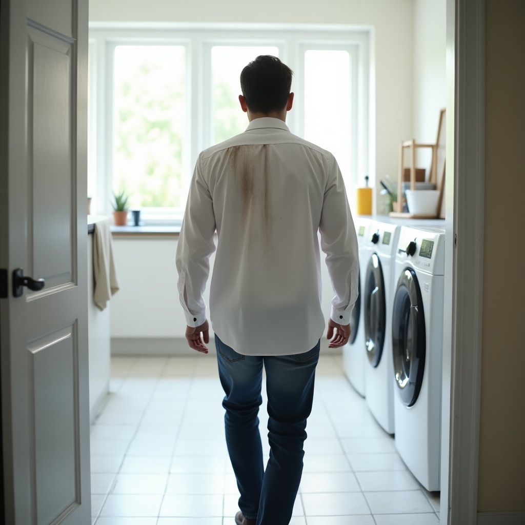 Man with dirty white dress shirt walks towards washing machine in laundry room. Natural light brightens the scene. Washing machines line the wall.