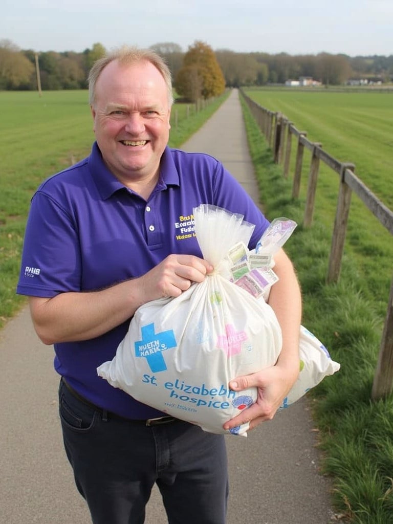 Person holding a bag of donations in a field. Man wearing a charity t-shirt. Path visible in the background. Trees and greenery on both sides. Outdoor setting during the day.