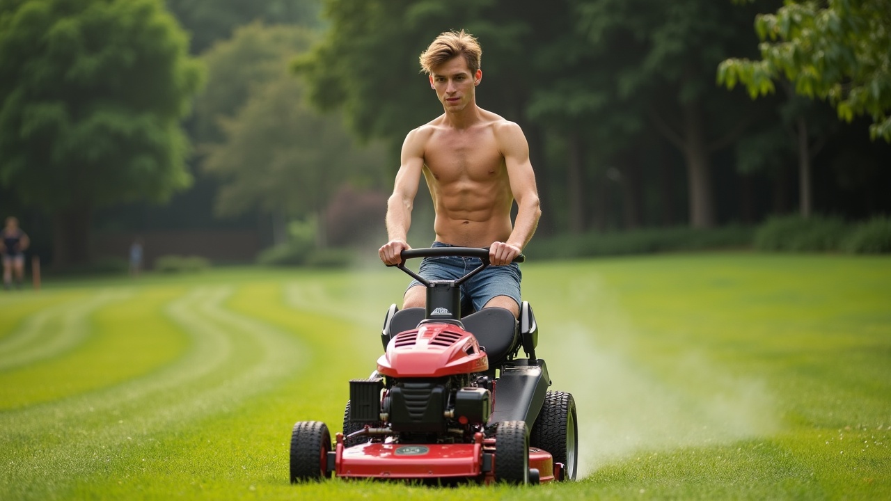 A young man, shirtless, mowing a large, lush green lawn with a red lawn mower on a sunny day.