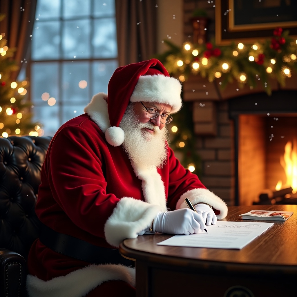 Santa Claus is sitting at a wooden desk writing a letter. He is wearing a red suit with white fur trim. Behind him is a fireplace with Christmas decorations. The room has soft lighting and snow falling outside. Papers and a quill are on the desk. He embodies Christmas cheer.