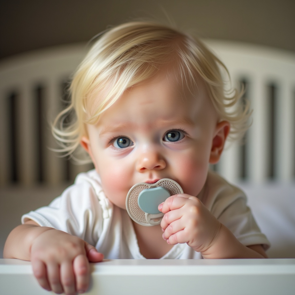 A cute baby with blonde hair sitting in a crib holding a pacifier in its mouth. Soft natural lighting. Cozy and warm ambiance.