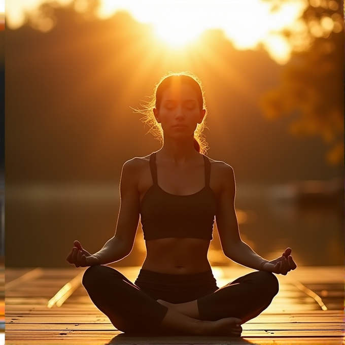 A person meditates in a yoga pose during a radiant sunset, with the sun's rays illuminating their silhouette on a tranquil deck.