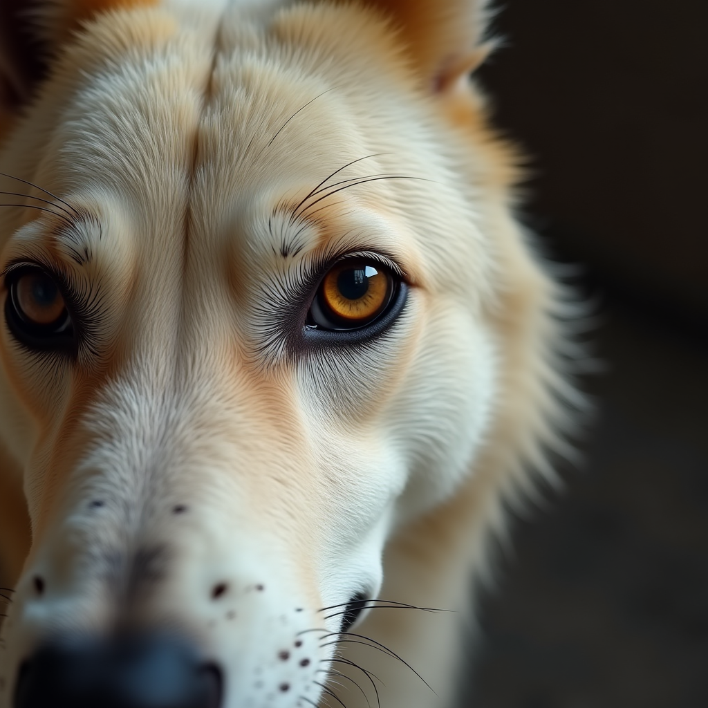 A close-up of a cream-colored dog's face with intense golden-brown eyes.