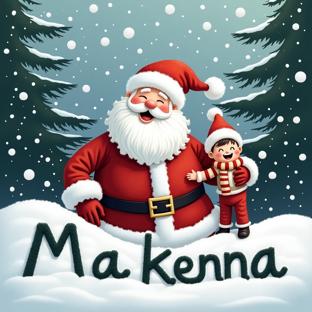 Santa Claus joyfully draws the name Makenna in thick snow. Santa wears a red suit and cheerful smile. Holding a babydoll. Snowflakes fall around him. Evergreen trees create a wintery backdrop. Captures Christmas spirit and joy of connections.