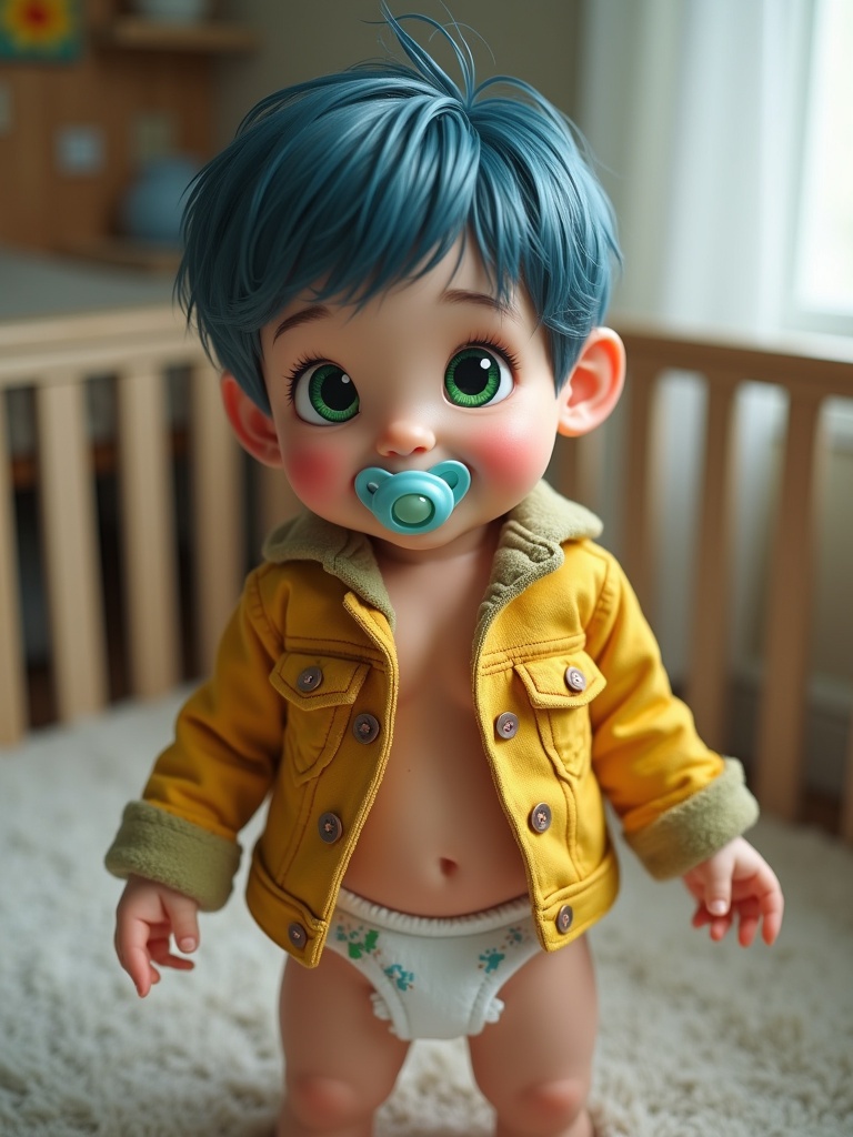 Seven year old British boy with short blue hair and emerald green eyes. Wearing a yellow denim jacket and diapers. Smiling with a pacifier in a playpen.