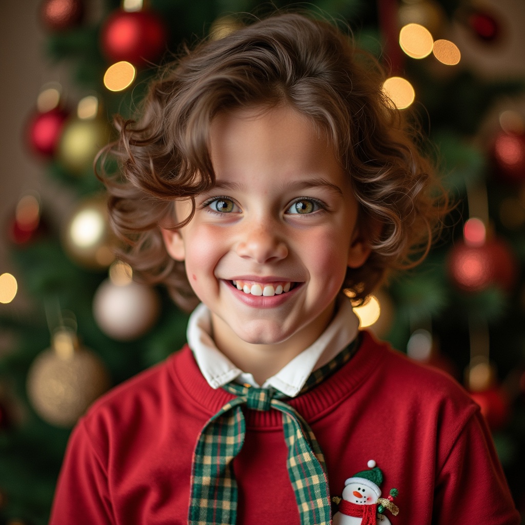 The image features a cheerful young boy in a festive setting, smiling brightly in front of a beautifully decorated Christmas tree. He is wearing a red sweater with a cute snowman accessory and a green plaid tie. The background is filled with warm, sparkling lights and colorful ornaments, creating a joyful holiday atmosphere. His curly hair adds to the charm, and his happy expression radiates the spirit of Christmas. This picture perfectly captures the essence of joy and celebration during the holiday season.