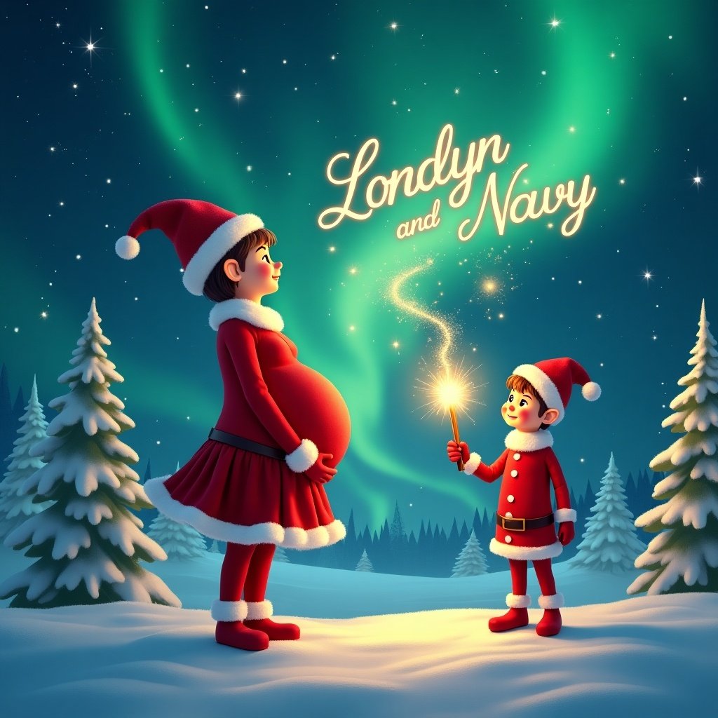 Enchanted Christmas scene with a pregnant elf facing the sky. The brother elf smiles beside her. A magic wand writes 'Londyn and Navy' above. The backdrop features vibrant northern lights, creating a magical ambiance. The scene captures the essence of Christmas.