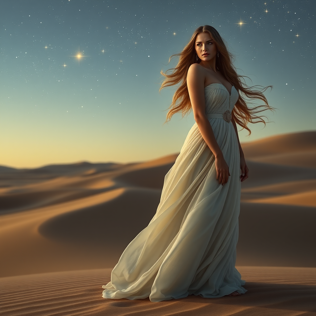 A woman in an elegant white gown stands gracefully on a sand dune under a starry night sky.