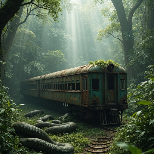 A hyper-realistic giant snake is coiled around a rusted train in the Amazon rainforest. The snake has intricate scales that reflect light. The train is covered in moss and vines, with broken windows. The dense jungle has towering trees and mist swirls around. Soft sunlight pierces through the foliage, creating a dreamlike glow. The scene is cinematic and atmospheric with a slight low perspective.