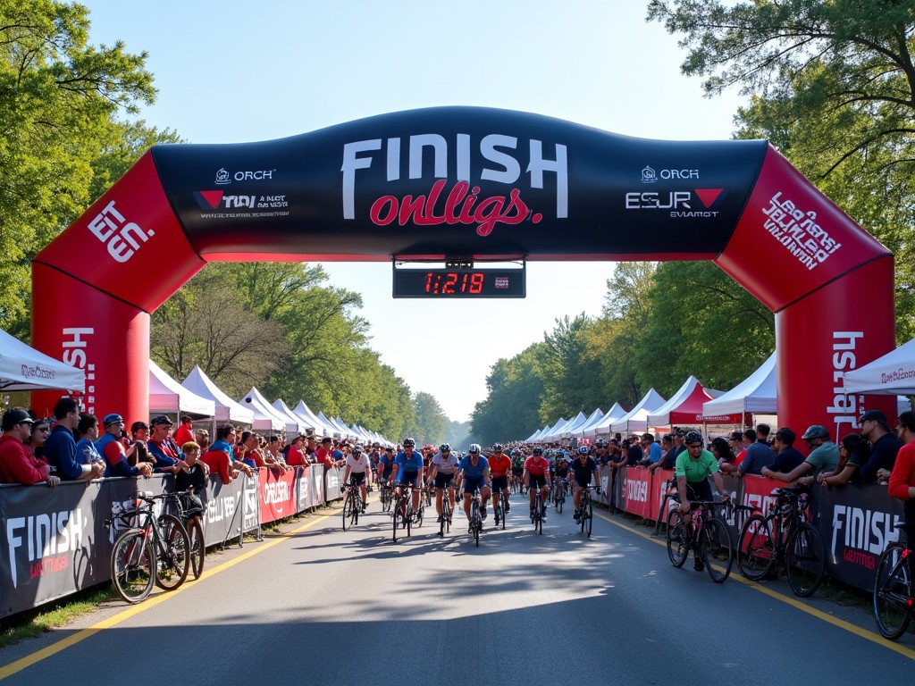 A vibrant and lively cycling event is captured at the finish line. Spectators line the route, cheering for the cyclists as they race towards the arch. The finish banner displays 'FINISH', emphasizing the climax of the race. The atmosphere is filled with excitement and energy, enhanced by the sunny weather. Participants of various ages strive to cross the finish line, showcasing the spirit of competition and community.