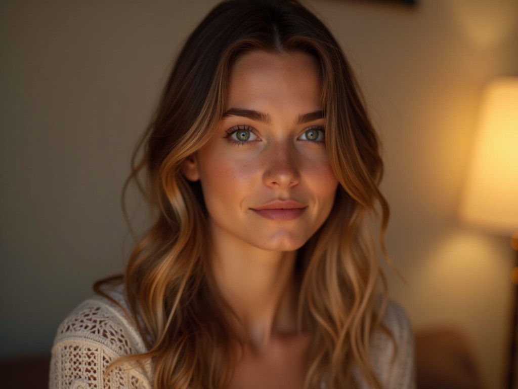 The image captures a portrait of a young woman with wavy hair and a serene expression. The warm, soft lighting enhances her features, providing a calm and intimate atmosphere. The background remains slightly out of focus, creating a cozy ambiance illuminated by a nearby lamp.